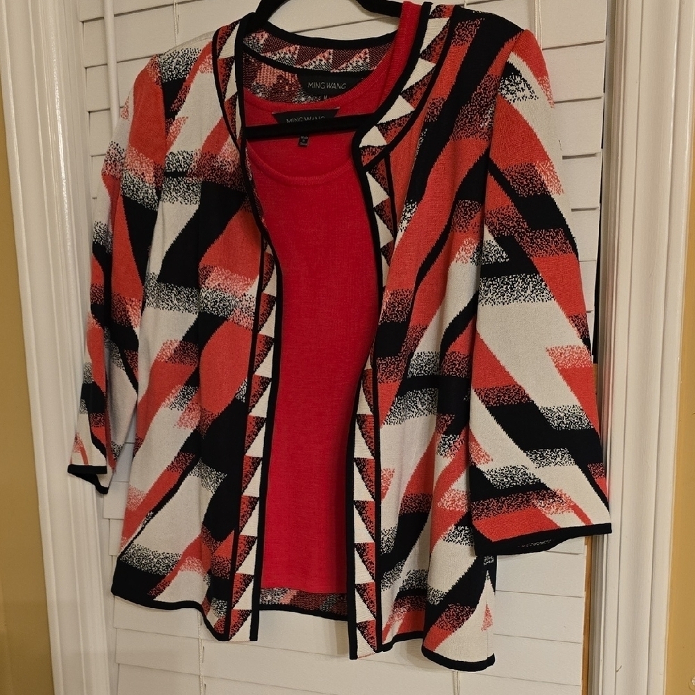 Ming Wang 2 Pieces Pink and Black Geometric Cardigan Sweater And Top Size M